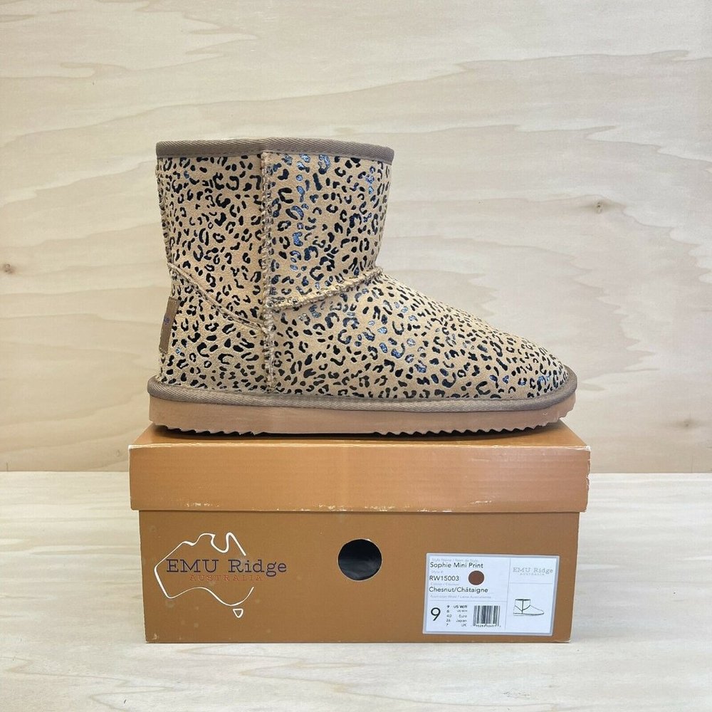 Emu Ridge Womens Sophie Mini Chestnut Leopard Print Ankle Boots Suede Size 9 NEW
